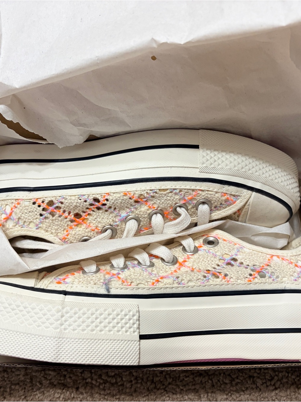 Converse Women’s Ivory Crochet Low-Top Sneakers with Neon Stitching - Picture 2 of 3